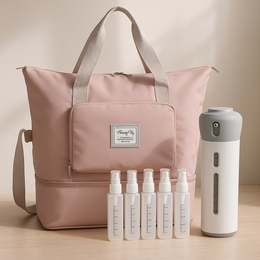 Σετ Ταξιδιού All-in-One – Στιλάτη Τσάντα & ΔΩΡΟ Επαναγεμιζόμενο Μπουκάλι